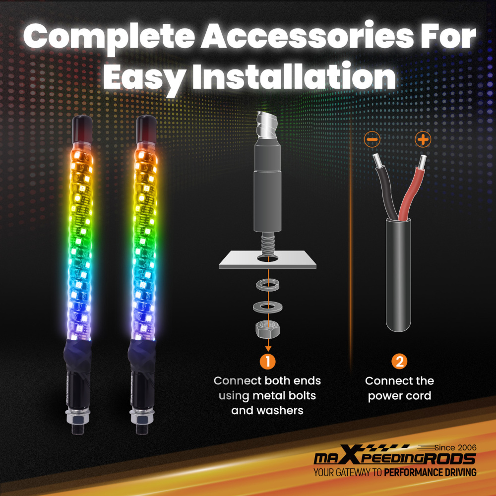 maXpeedingrods 2PCS 1FT LED Whip Lights with App & Remote Control Music Mode, RGB Spiral Chasing Lighted Whip with DIY Patterns Driving Response, Signal Light for UTV ATV Polaris RZR Can-Am SXS