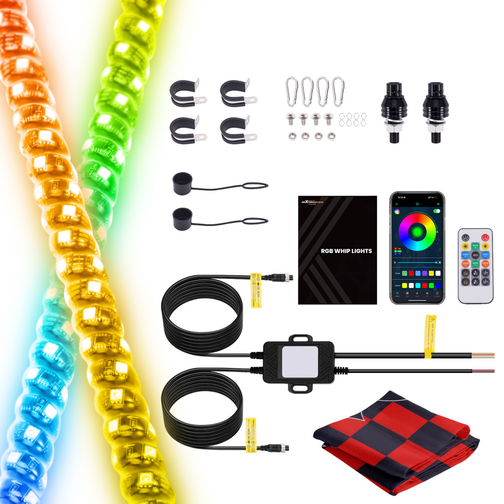 maXpeedingrods 2PCS 2FT RGB Spiral Whip Lights with App & Remote Control Microphone Detection, LED Chasing Lighted Whip with DIY Patterns Flags Driving Alignment, Signal Light for UTV ATV Can-Am Boat