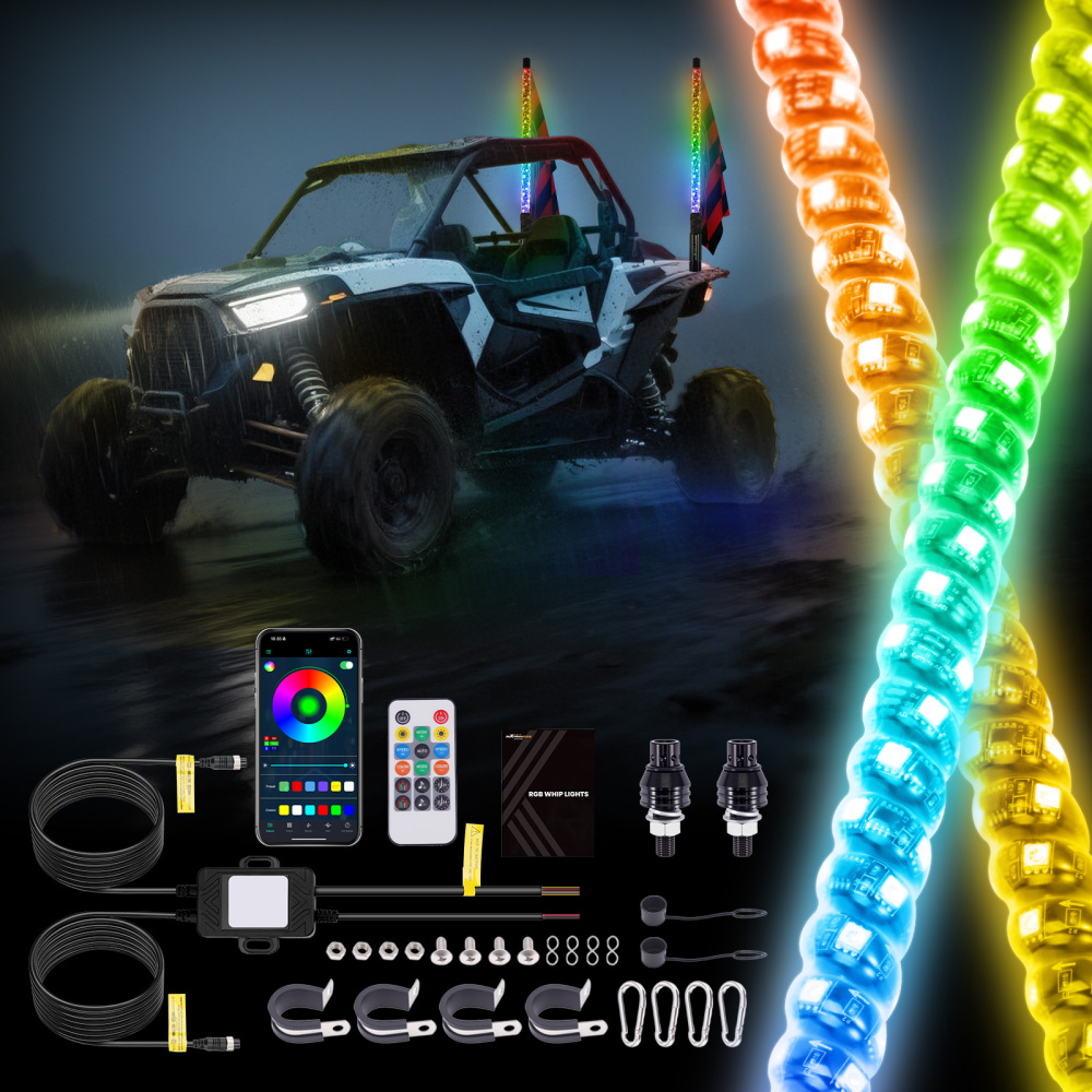 maXpeedingrods 2PCS 2FT RGB Spiral Whip Lights with App & Remote Control Microphone Detection, LED Chasing Lighted Whip with DIY Patterns Flags Driving Alignment, Signal Light for UTV ATV Can-Am Boat