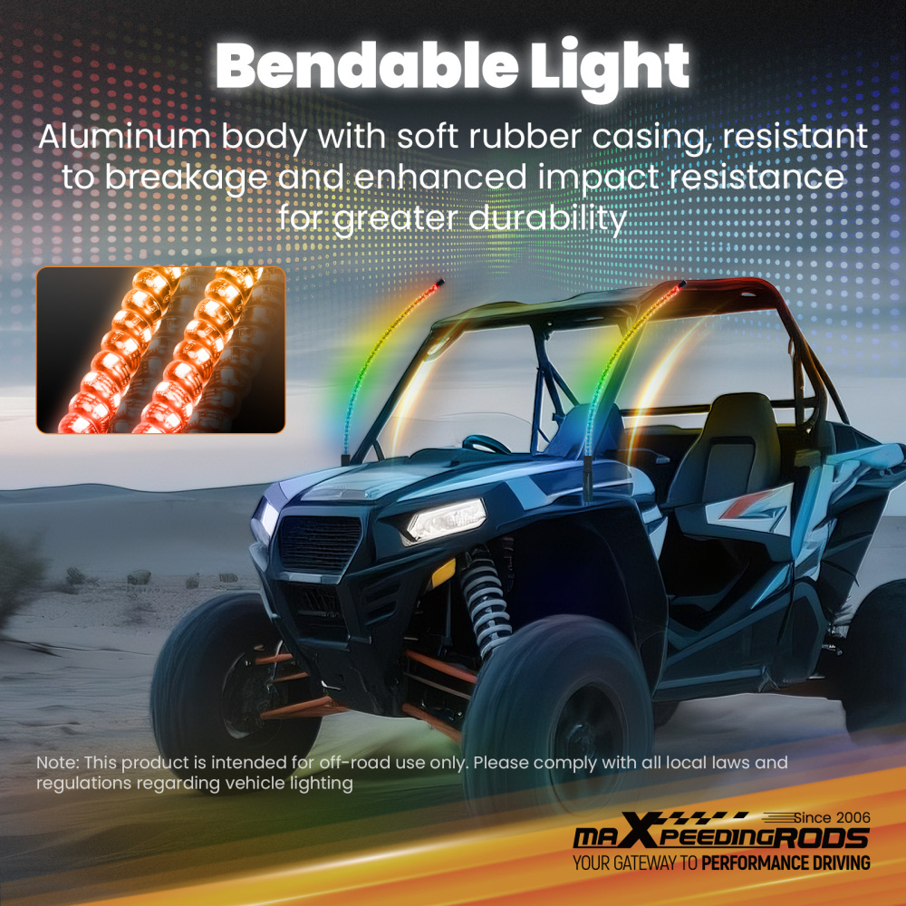 maXpeedingrods 2PCS 2FT RGB Spiral Whip Lights with App & Remote Control Microphone Detection, LED Chasing Lighted Whip with DIY Patterns Flags Driving Alignment, Signal Light for UTV ATV Can-Am Boat