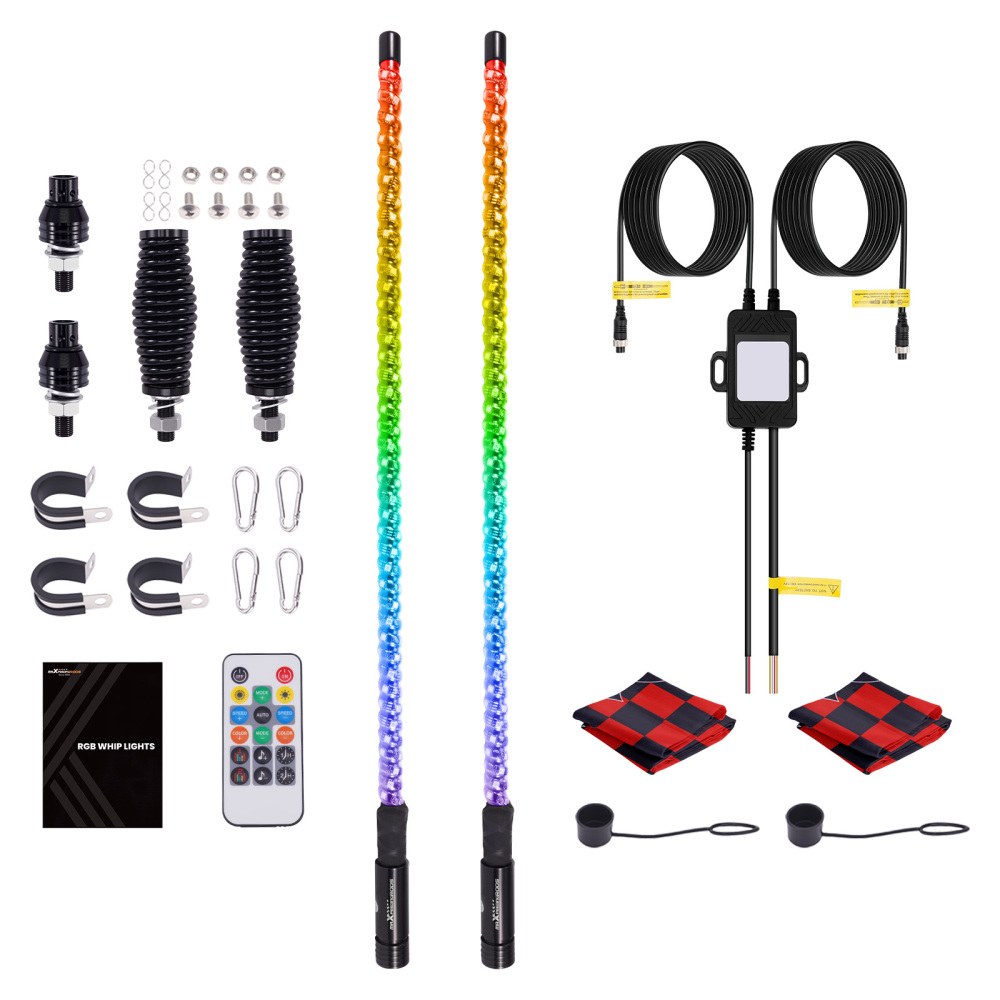 maXpeedingrods 2PCS 3FT LED Whip Lights with Music Mode App & Remote Control for UTV ATV Golf RZR Truck, RGB Spiral Long Chasing Lighted Whip with Flags Spring Base DIY Patterns Driving Alignment