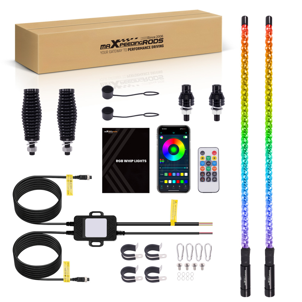 maXpeedingrods 2PCS 3FT LED Whip Lights with Music Mode App & Remote Control for UTV ATV Golf RZR Truck, RGB Spiral Long Chasing Lighted Whip with Flags Spring Base DIY Patterns Driving Alignment