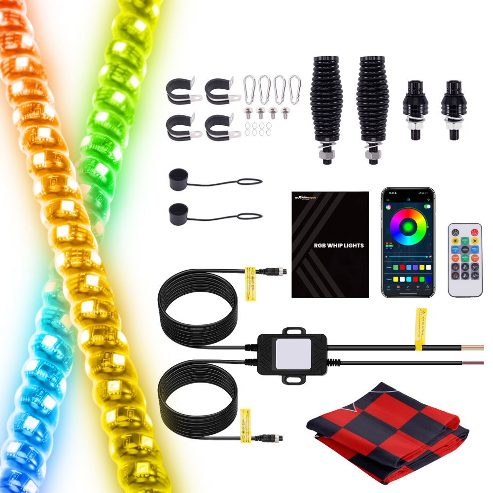 maXpeedingrods 2PCS 3FT LED Whip Lights with Music Mode App & Remote Control for UTV ATV Golf RZR Truck, RGB Spiral Long Chasing Lighted Whip with Flags Spring Base DIY Patterns Driving Alignment