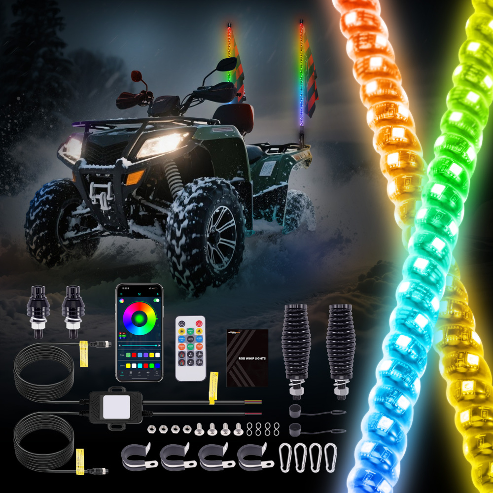 maXpeedingrods 2PCS 3FT LED Whip Lights with Music Mode App & Remote Control for UTV ATV Golf RZR Truck, RGB Spiral Long Chasing Lighted Whip with Flags Spring Base DIY Patterns Driving Alignment
