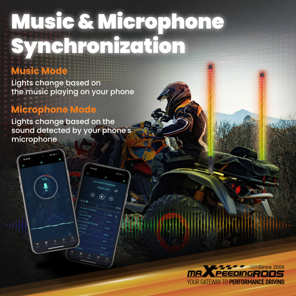 maXpeedingrods 2PCS 3FT LED Whip Lights with Music Mode App & Remote Control for UTV ATV Golf RZR Truck, RGB Spiral Long Chasing Lighted Whip with Flags Spring Base DIY Patterns Driving Alignment