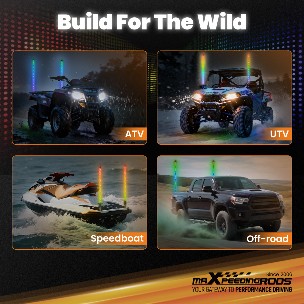 maXpeedingrods 2PCS 3FT LED Whip Lights with Music Mode App & Remote Control for UTV ATV Golf RZR Truck, RGB Spiral Long Chasing Lighted Whip with Flags Spring Base DIY Patterns Driving Alignment