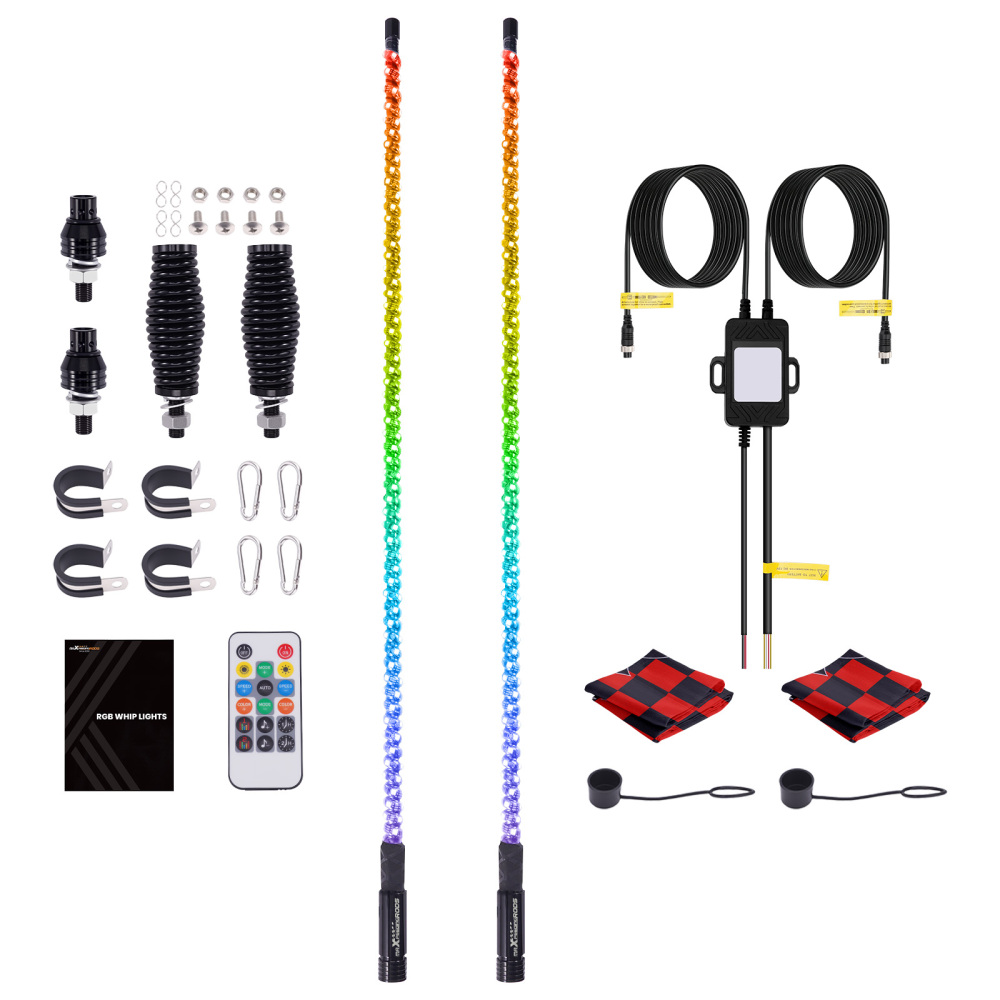 maXpeedingrods 2PCS 4FT RGB Spiral Whip Lights with Music Mode App & Remote Control for UTV ATV Side by Side, LED Long Chasing Lighted Whip with Flags Spring Base DIY Patterns Driving Alignment