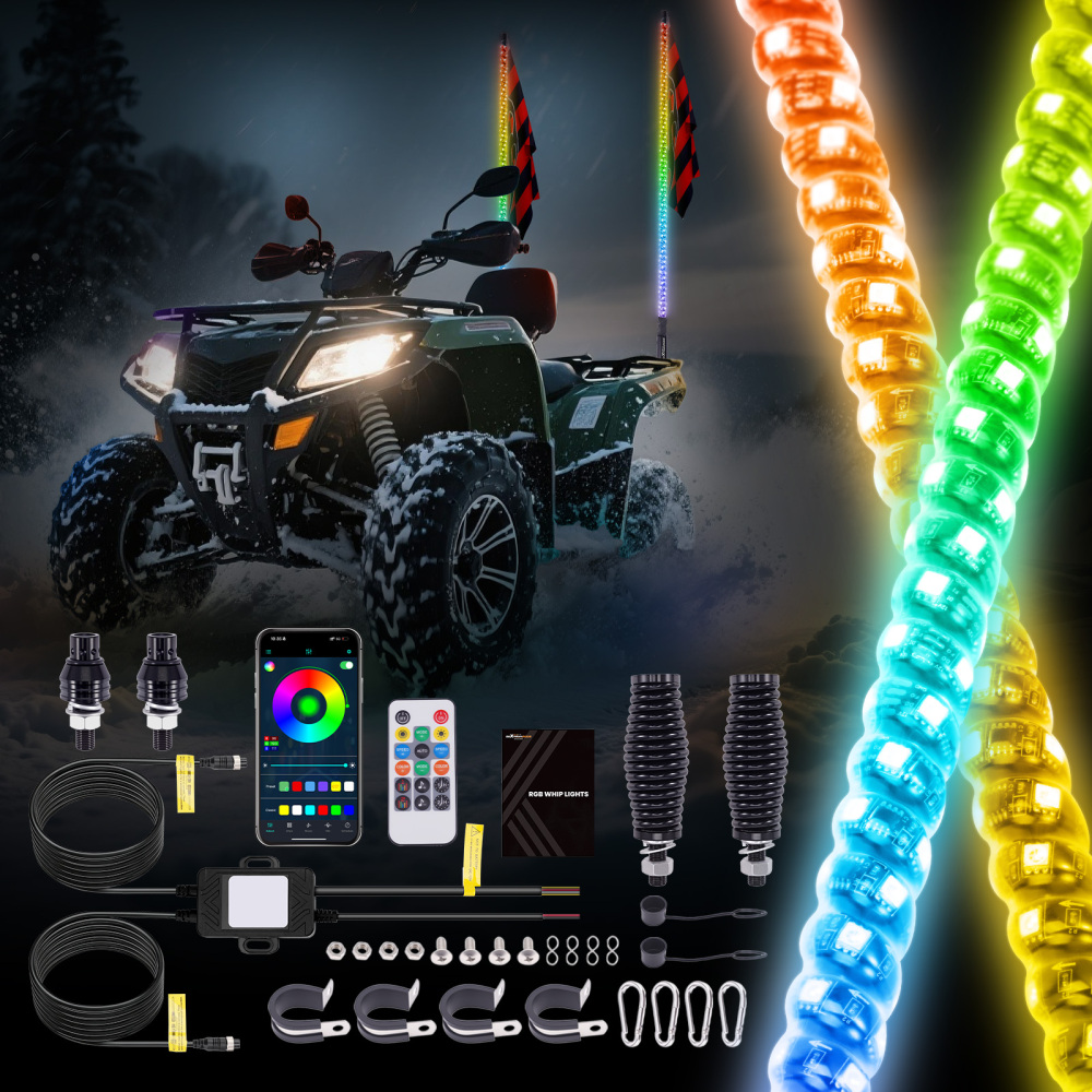 maXpeedingrods 2PCS 4FT RGB Spiral Whip Lights with Music Mode App & Remote Control for UTV ATV Side by Side, LED Long Chasing Lighted Whip with Flags Spring Base DIY Patterns Driving Alignment