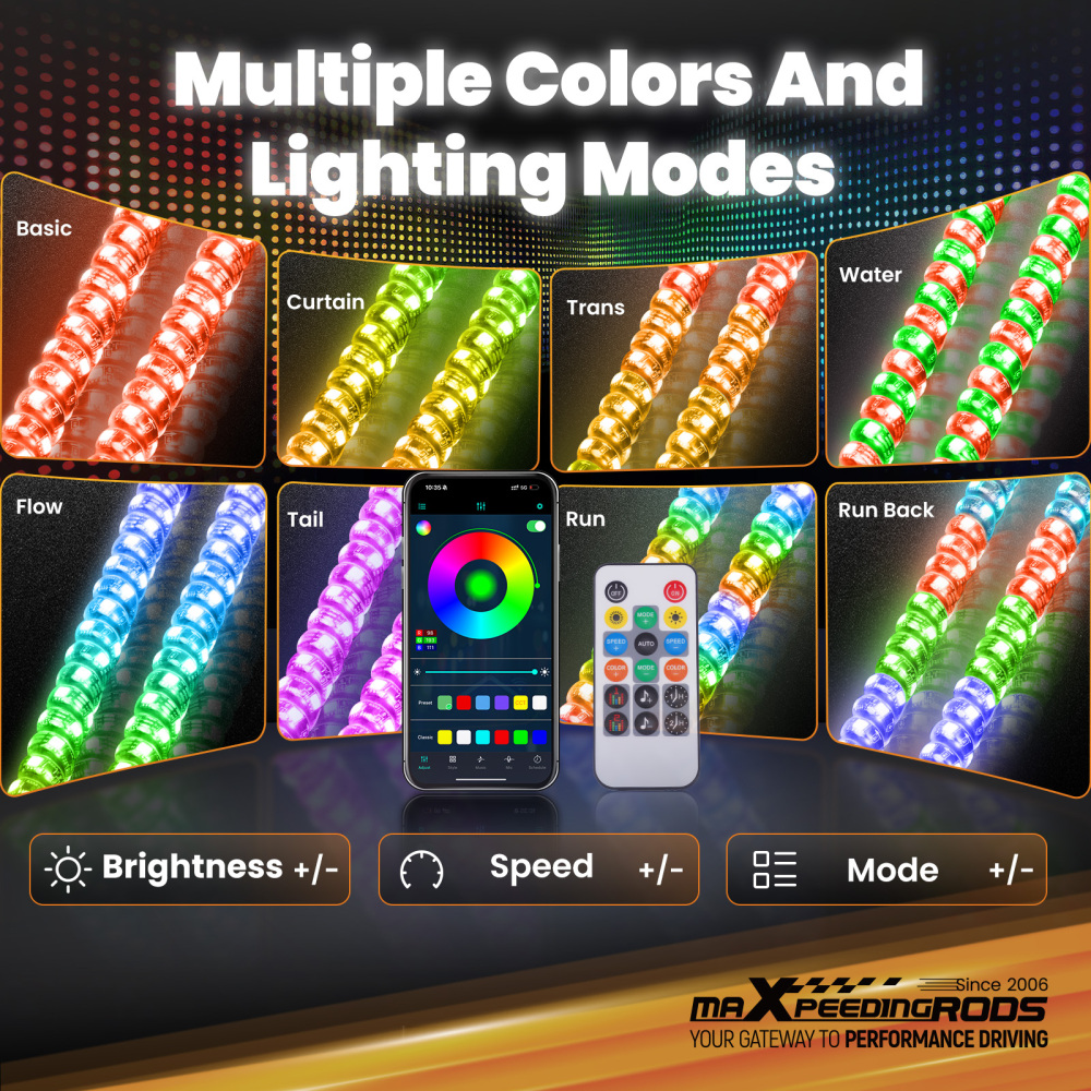 maXpeedingrods 2PCS 4FT RGB Spiral Whip Lights with Music Mode App & Remote Control for UTV ATV Side by Side, LED Long Chasing Lighted Whip with Flags Spring Base DIY Patterns Driving Alignment