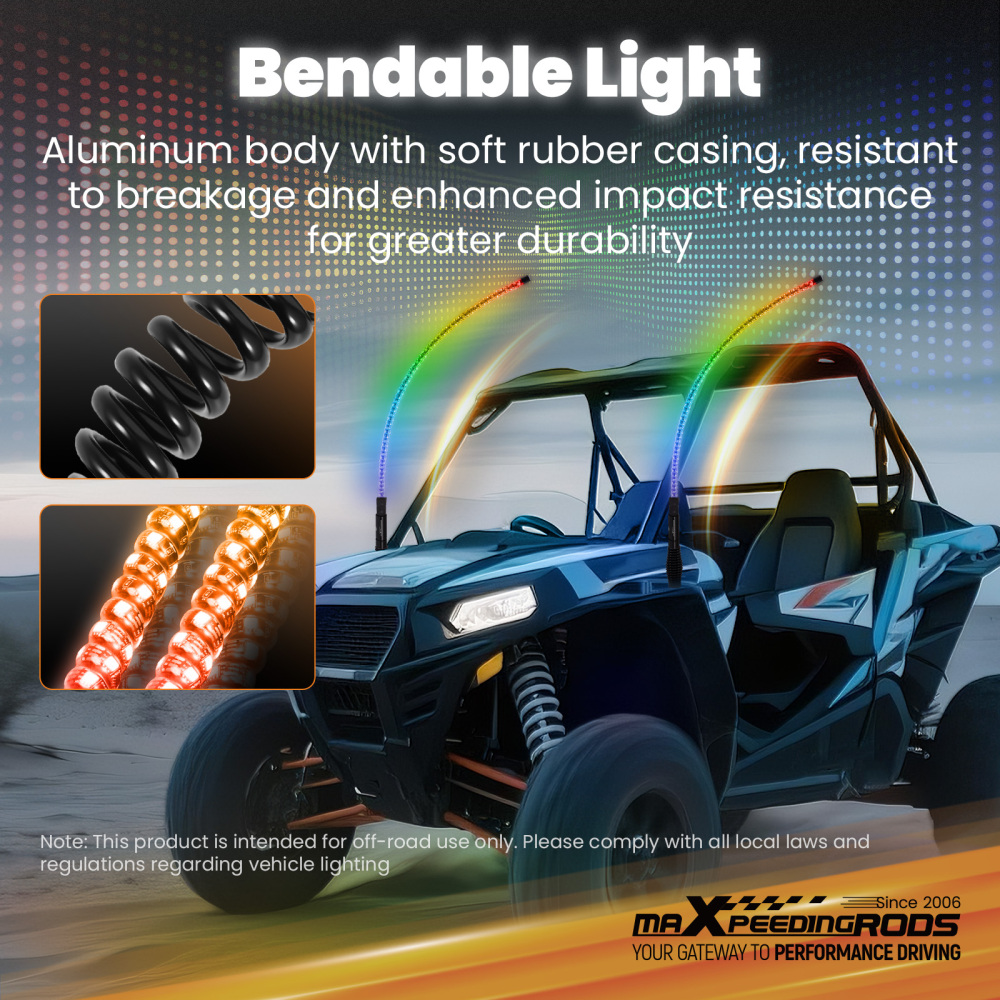 maXpeedingrods 2PCS 4FT RGB Spiral Whip Lights with Music Mode App & Remote Control for UTV ATV Side by Side, LED Long Chasing Lighted Whip with Flags Spring Base DIY Patterns Driving Alignment