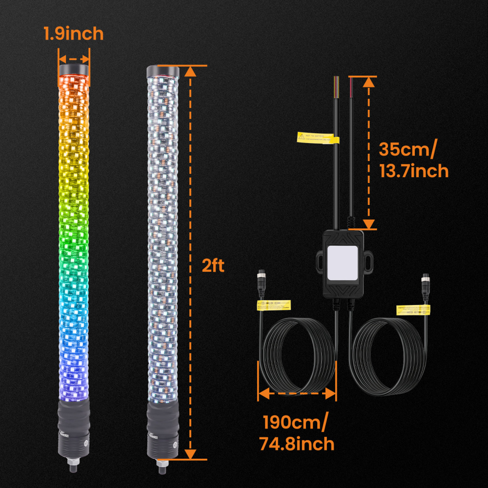 maXpeedingrods 2PCS 2FT Fatty LED Whip Lights with App & Remote Control, 1.9
