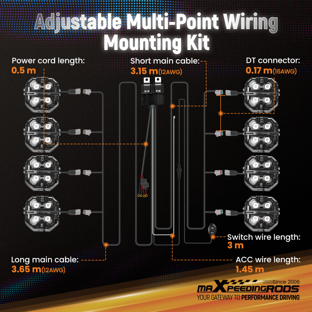 Wiring Harness Switch For maXpeedingrods LED Light Bar 8-Way 30A 12V 14AWG 3.6M