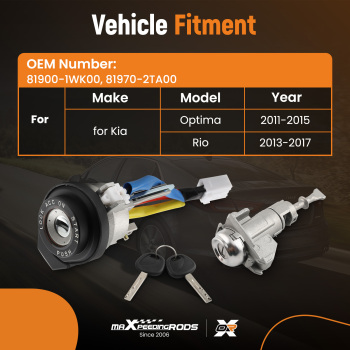 Ignition Lock Cylinder Switch + 2 Keys compatible for Kia Rio 2013-17 Optima 2011-2015