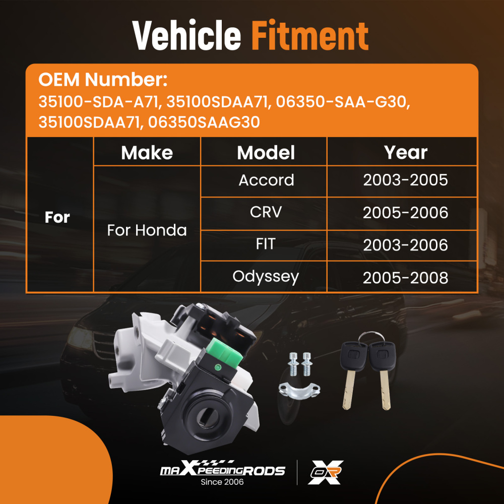 Ignition Switch Cylinder Lock Trans+2 Keys compatible for Honda Accord Odyssey 35100SDAA71