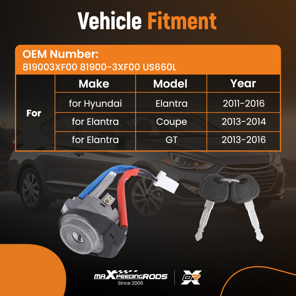 IGNITION LOCK CYLINDER SWITCH 2 KEYS NEW 819003XF00 compatible for HYUNDAI ELANTRA 13-16