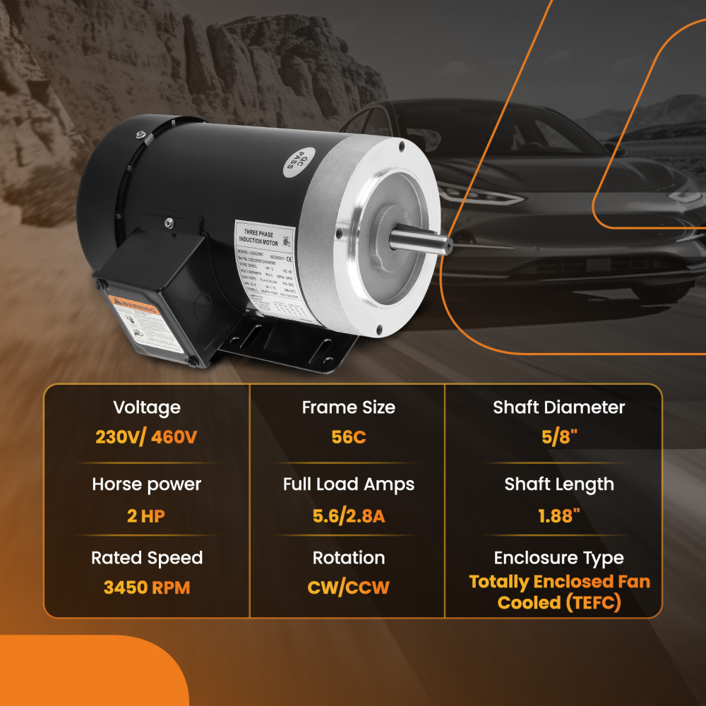 2HP Electric Motor 3450 RPM Compressor Duty 56CFrame 3 Phase 5/8 Shaft 230/460V