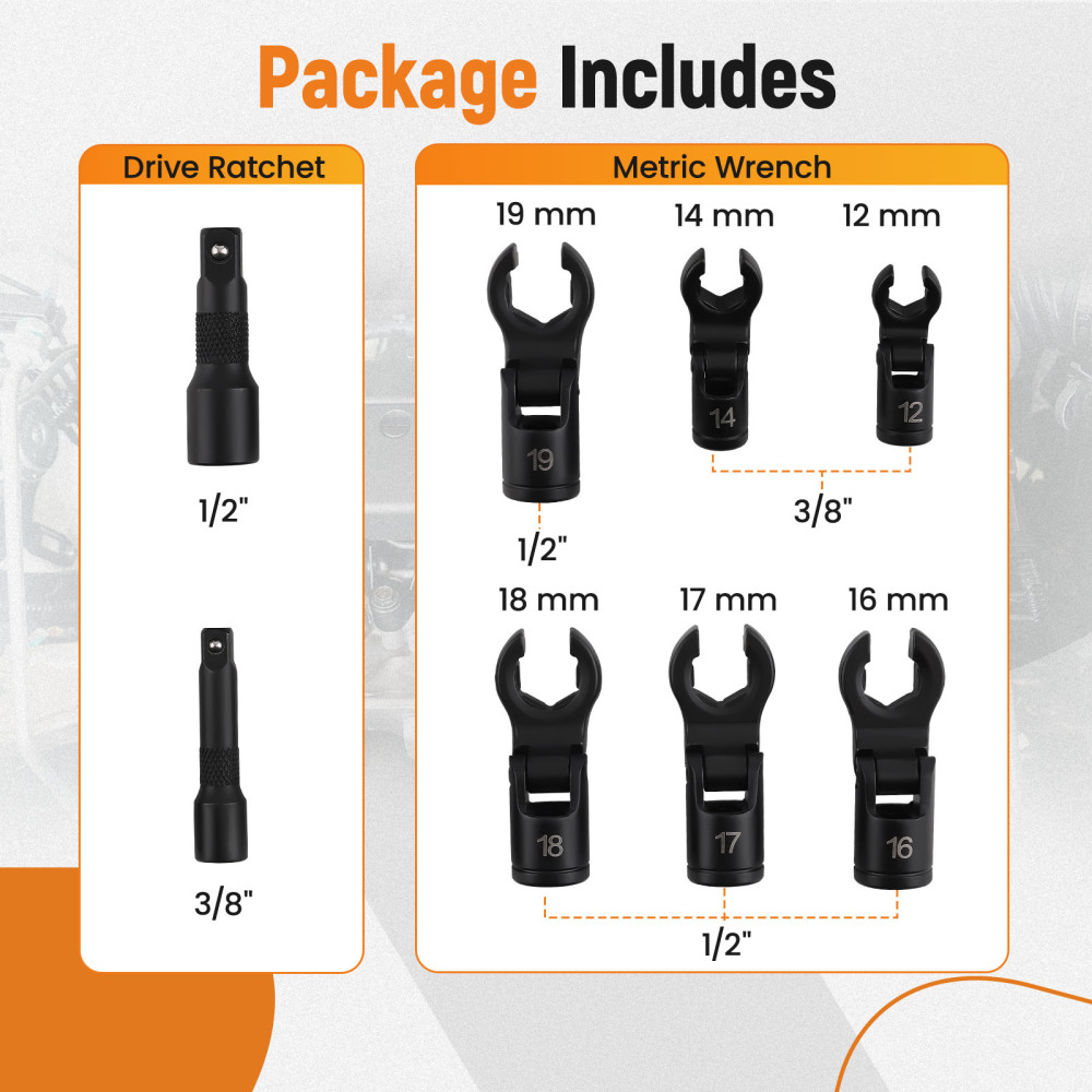 8pc 3/81/2 Flex Head Crows Flare Nut Wrench Socket Foot Line Wrench Set