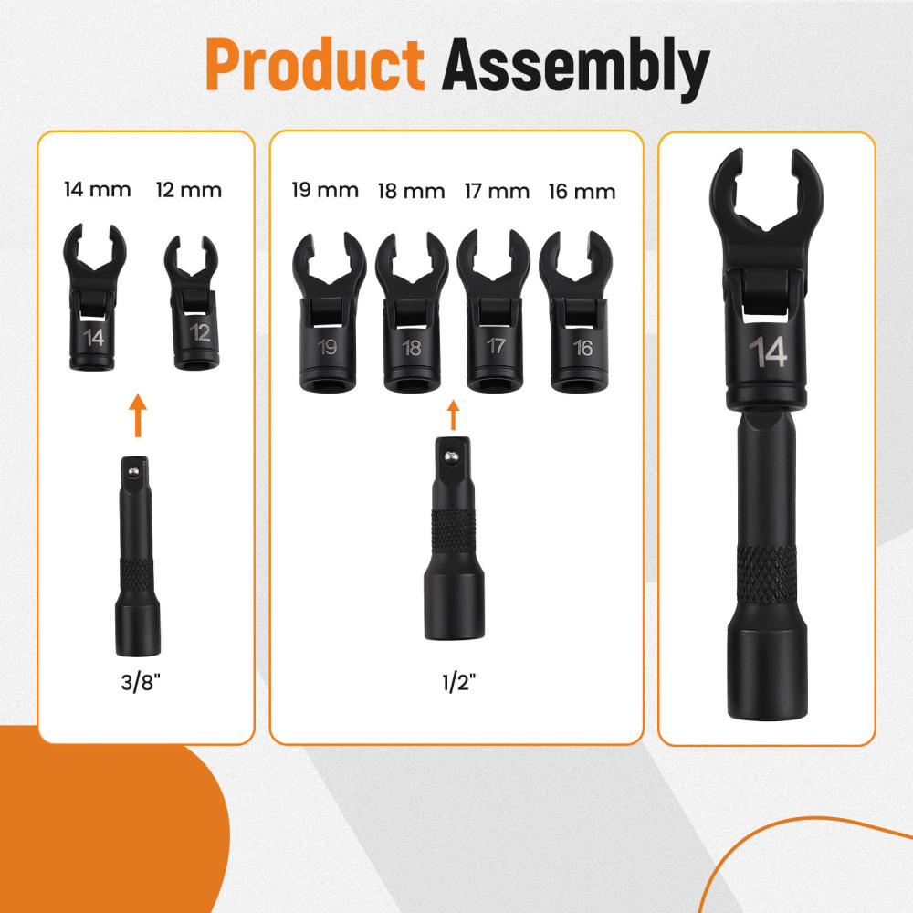 8pc 3/81/2 Flex Head Crows Flare Nut Wrench Socket Foot Line Wrench Set