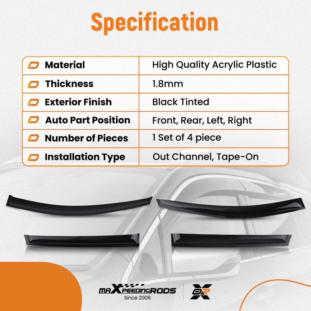 Acrylic Door Wind Guards compatible for Ford Kuga 2012-2019 Outside Mount Black 4pc Set