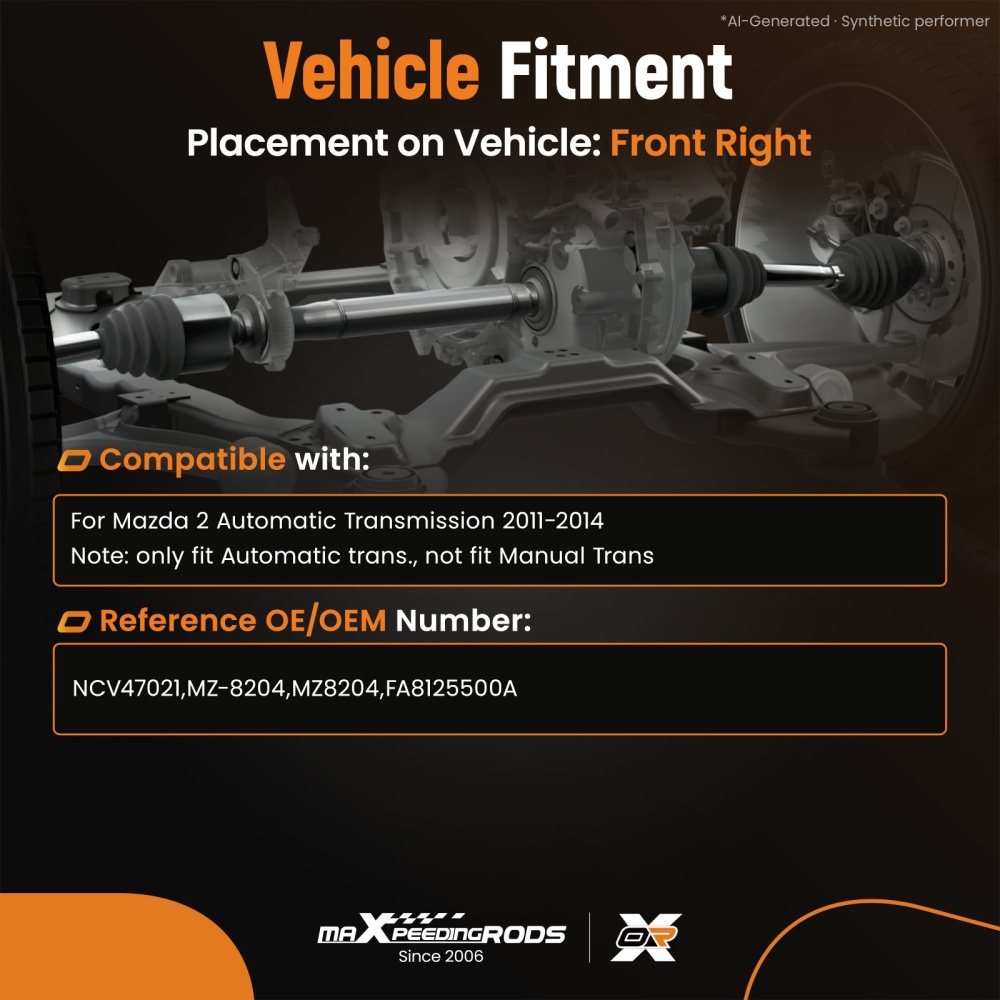 Front Right CV Axle Assembly compatible for Mazda 2 2011-2014 Automatic Trans. FA8125500A