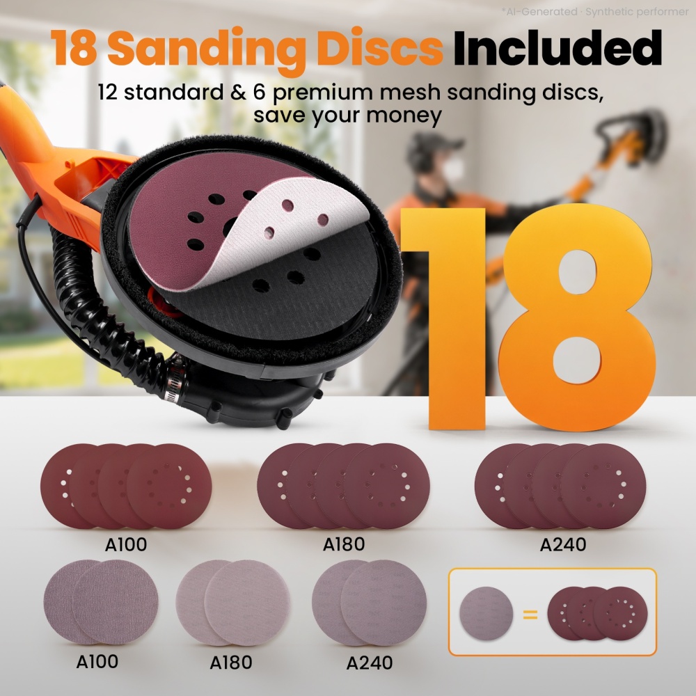 Drywall Sander 950W Electric Wall Sander 7 Variable Speed w/ 18 Sanding Discs