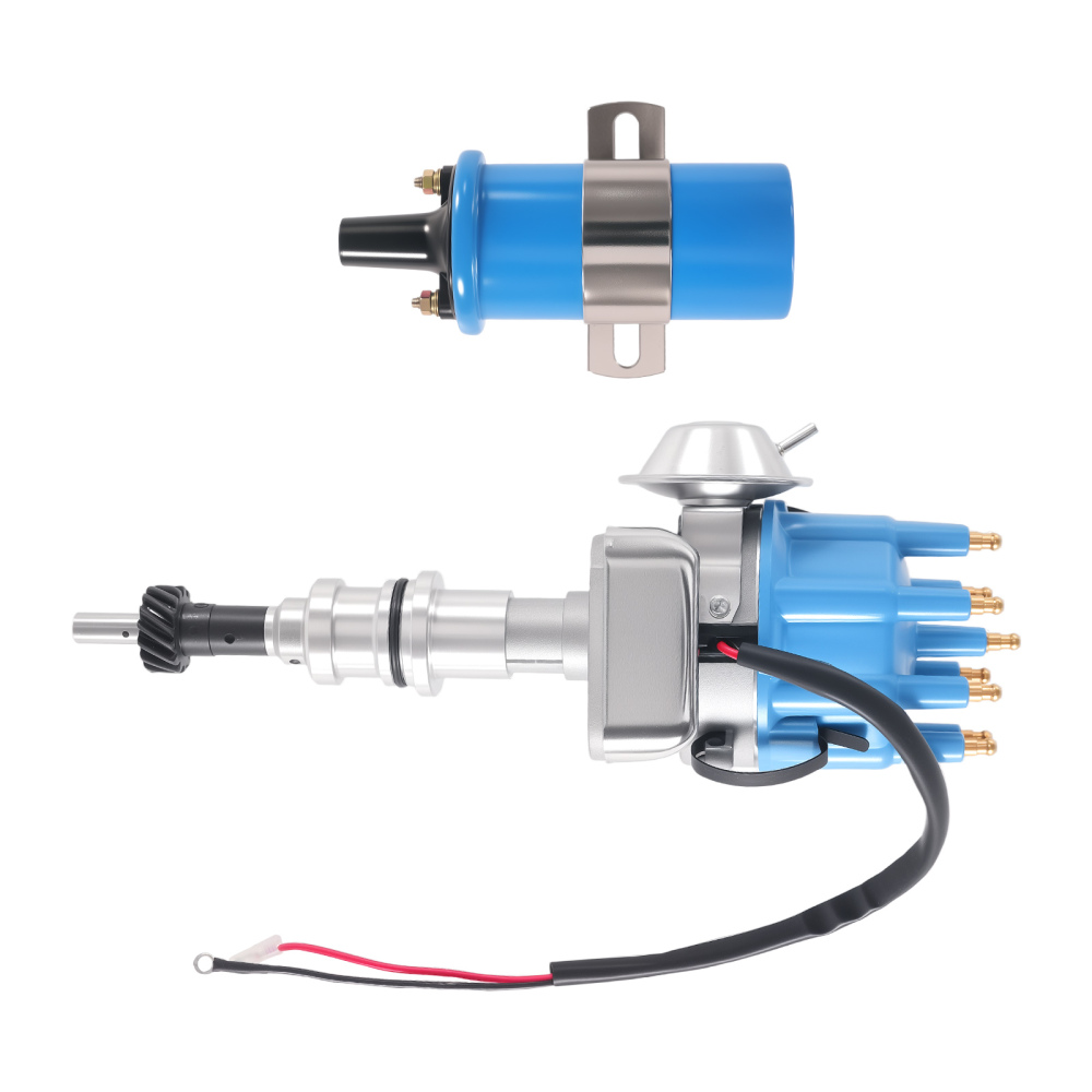 HEI Distributor + 45k Coil + Plug Wires compatible for Ford Small Block 289-302 Blue