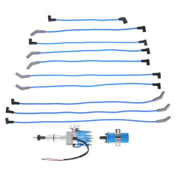HEI Distributor + 45k Coil + Plug Wires compatible for Ford Small Block 289-302 Blue