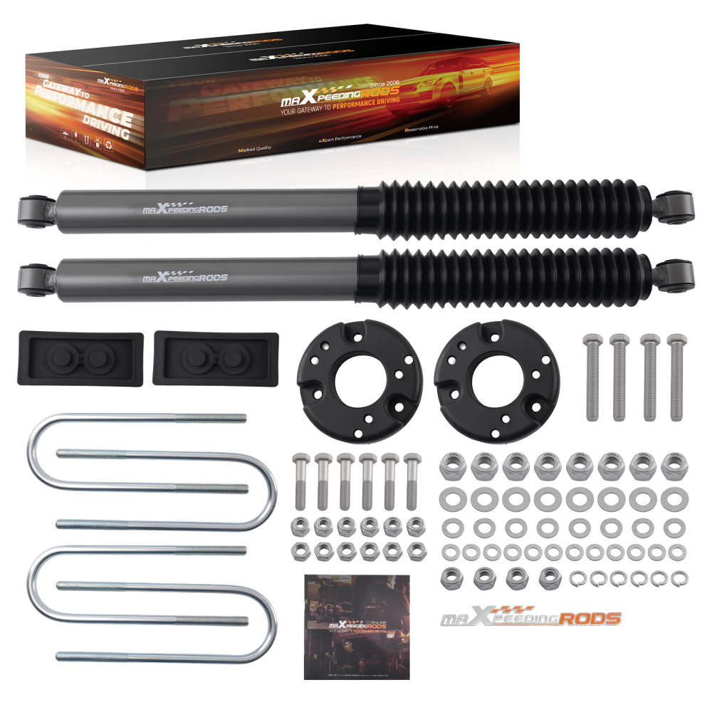 2 Front Lift Kit compatible for Ford F-150 2021-2025 Shocks Spacers Blocks U-Bolts