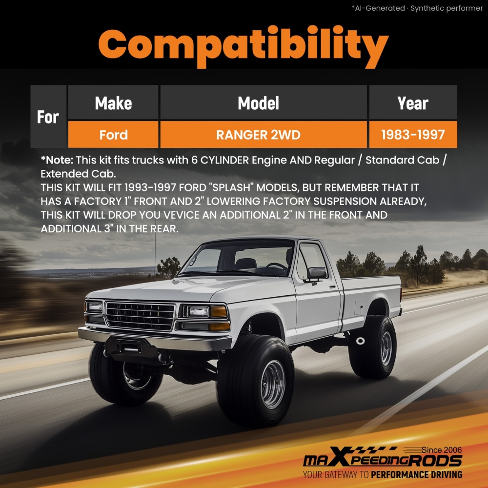3/5 Lowering Kit compatible for Ford Ranger 2WD 1983-1997 Coil Springs Flip Hardware