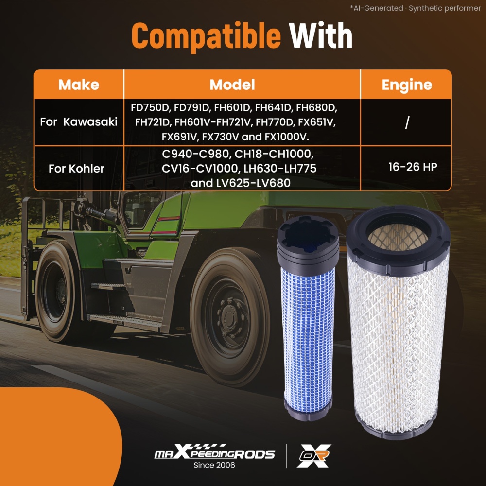 Outer Inner Air Filter Set compatible for Kawasaki FD750D FD791D FH601D P821575 821136