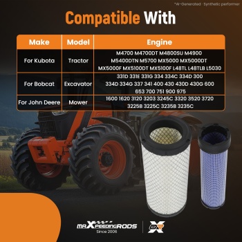 2PCS Air Filter Set compatible for Bobcat Excavator 337 341 430 430D 430GKubota M5400