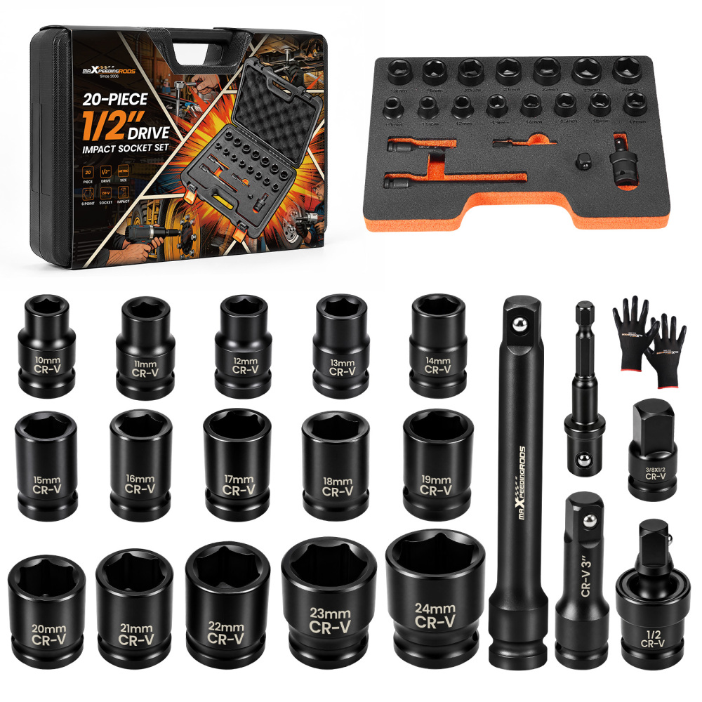 maXpeedingrods 20pcs 1/2 Drive Impact Socket Set 6-Point 10mm - 24mm Metric
