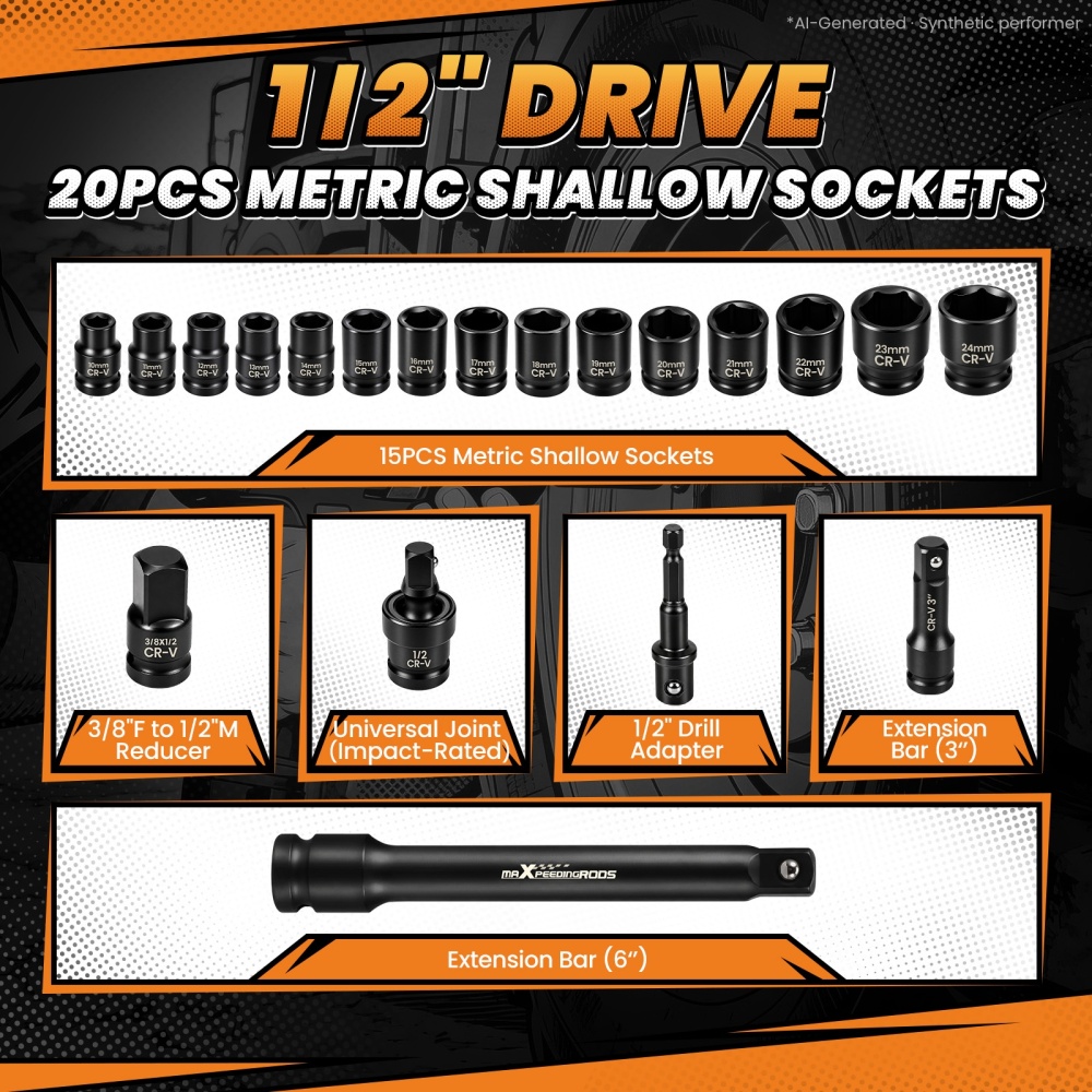maXpeedingrods 20pcs 1/2 Drive Impact Socket Set 6-Point 10mm - 24mm Metric
