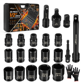 1/2-Inch Drive Shallow Impact Socket Set, Metric 10mm-24mm, 6-Point CR-V Sockets with Extension Bar, Universal JointsDrill Adapter, 20-Piece