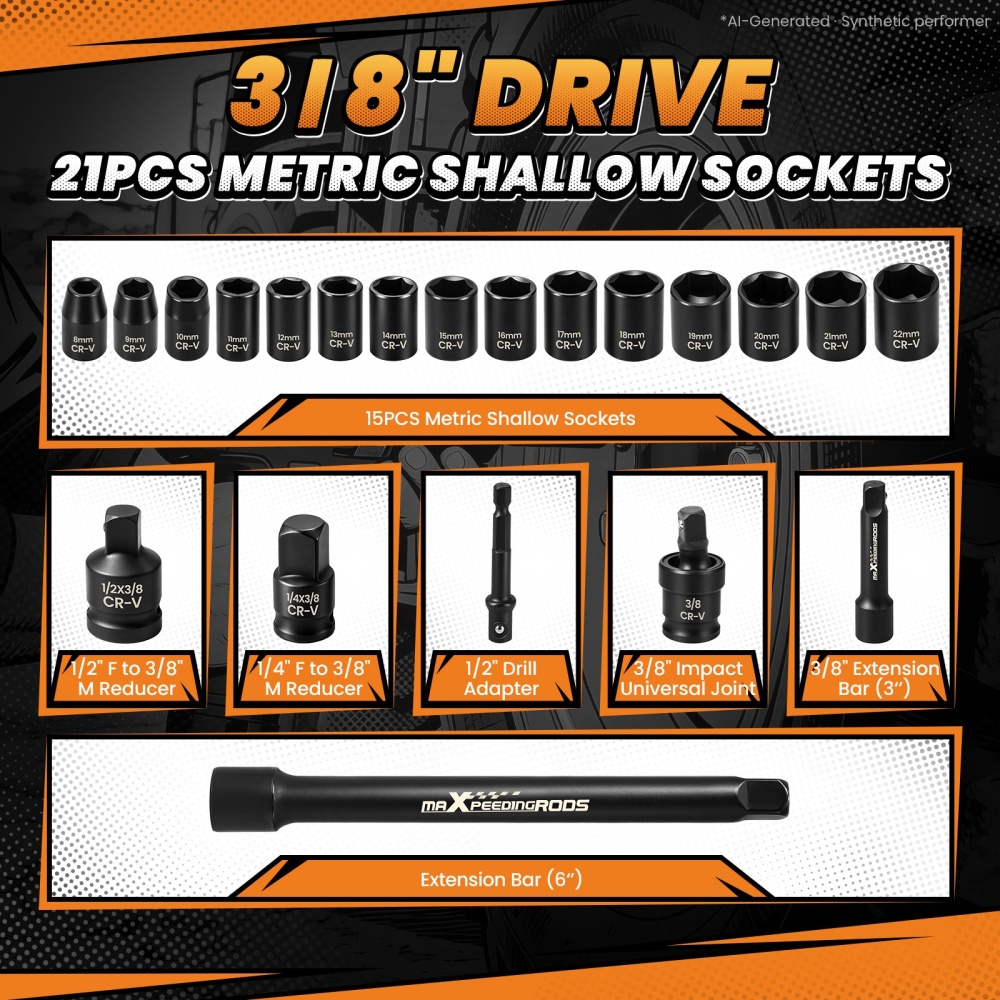 maXpeedingrods 21pcs 3/8 Drive Impact Socket Set 6-Point 8mm - 22mm Metric