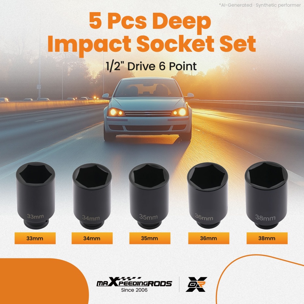 5pcs 1/2 Drive 6 Point Deep Spindle Axle Nut Socket Set 33, 34, 35, 36, 38mm