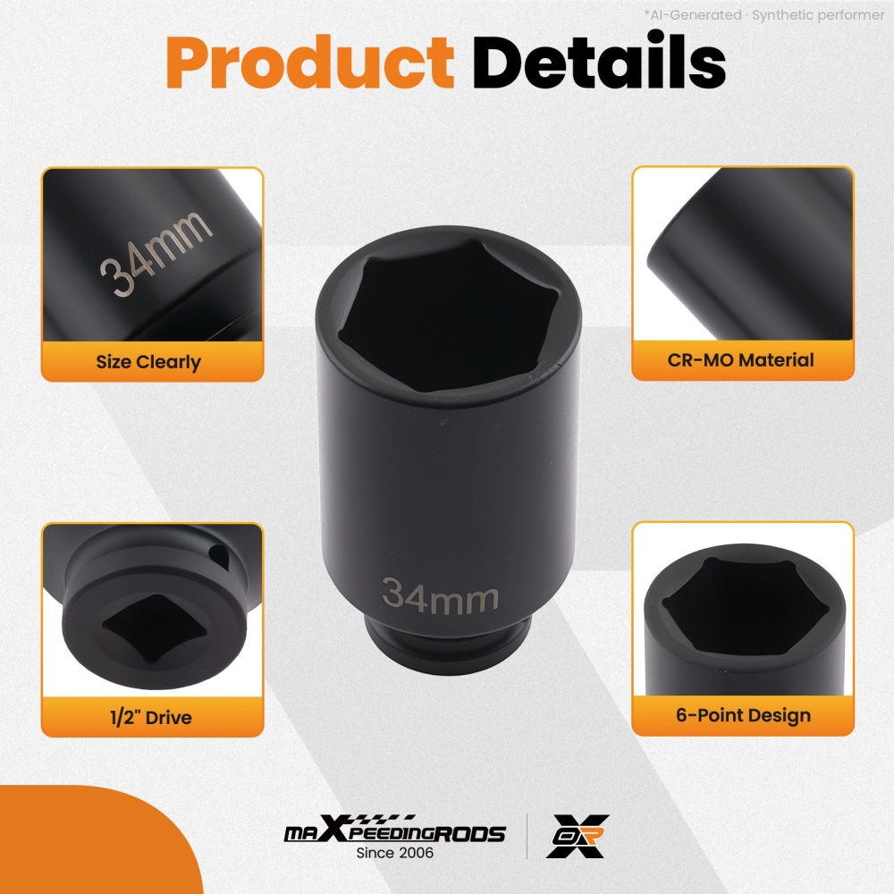 5pcs 1/2 Drive 6 Point Deep Spindle Axle Nut Socket Set 33, 34, 35, 36, 38mm