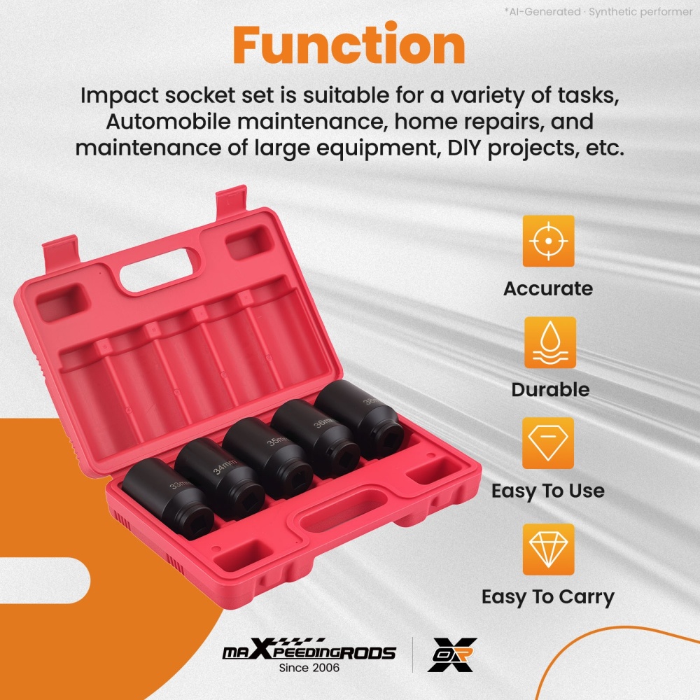 5pcs 1/2 Drive 6 Point Deep Spindle Axle Nut Socket Set 33, 34, 35, 36, 38mm
