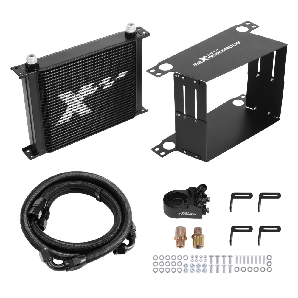 30Row Universal Engine Oil Cooler 10AN Black Aluminum Thermostatic Adapter Kit